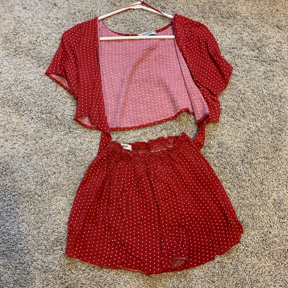 Matching red polka dot set. Booty shorts and tie top